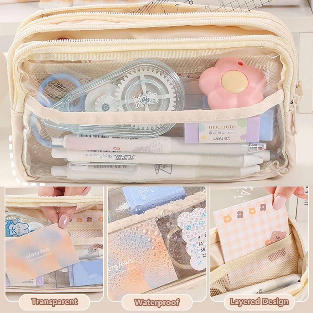 Large Capacity Pen Bag PU Leather+PVC Stationery Bag High Quality Pencil Case  School Office