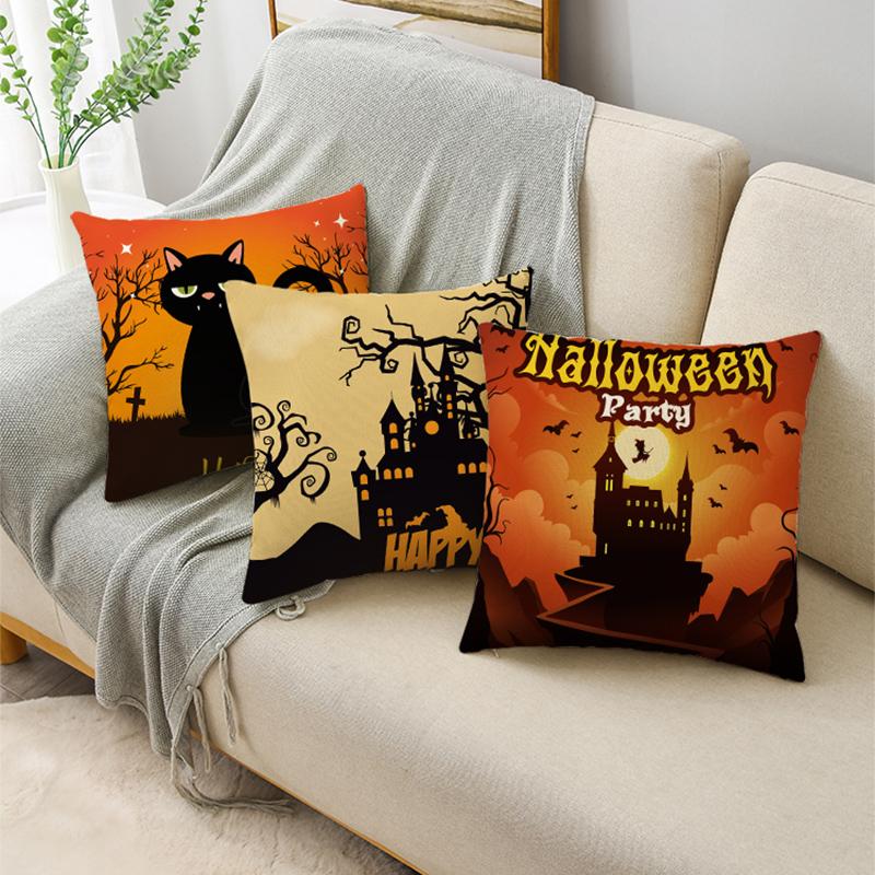 Orange Scary Halloween Night Witch Haunted House Linen Throw Pillowcase Decorative Cushion Cover For Sofa Livingroom Party