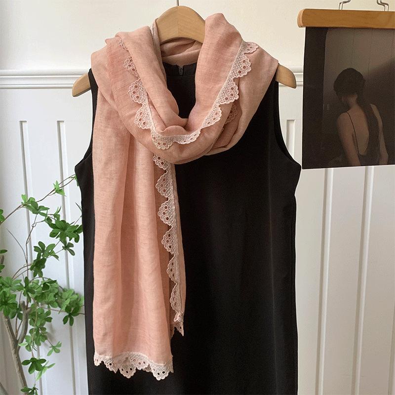 Scarf Atmosphere Solid Color Spring and Autumn Summer Fashion Lace Silk Scarf Neck Protection Scarf Shawl Dual-purpose