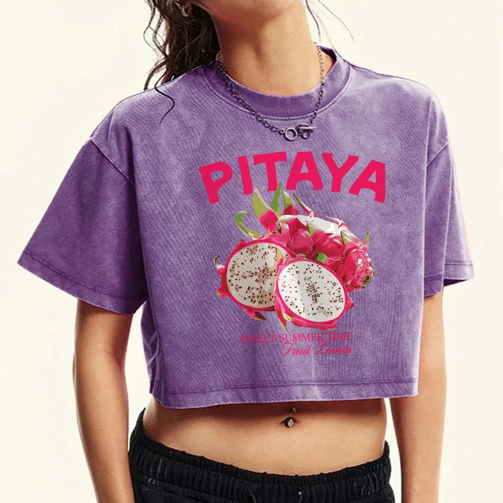 Женская футболка с принтом свежих фруктов питайи, выстиранная, повседневная, разноцветная, мягкая, облегающая, уличная, хлопковая, укороченный топ