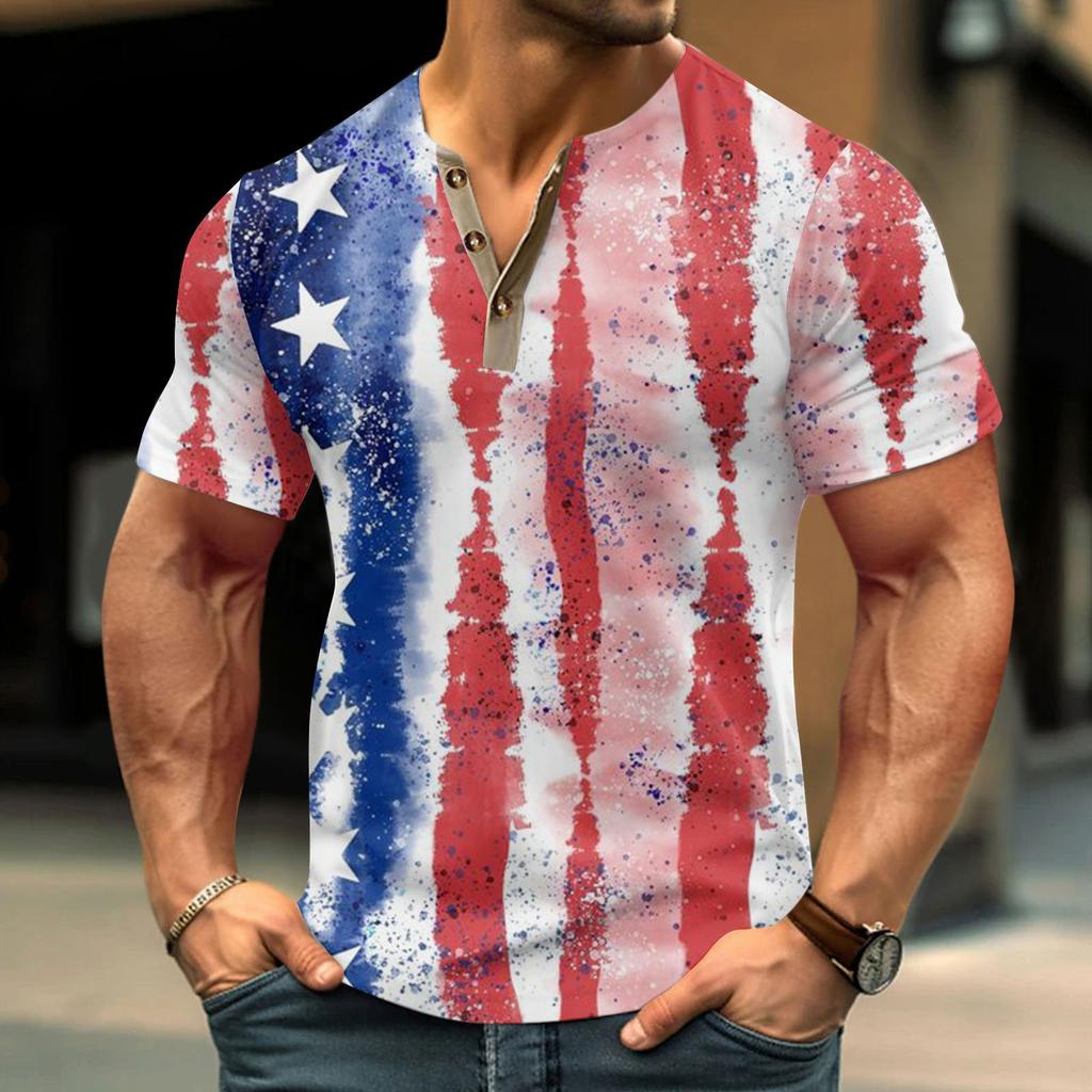 Винтажная летняя мужская футболка, уличная одежда, 3 пуговицы, свободная одежда, футболка с коротким рукавом и принтом