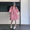 2025 Розовый летний комбинезон с короткими рукавами - женский корейский стиль, облегающий крой