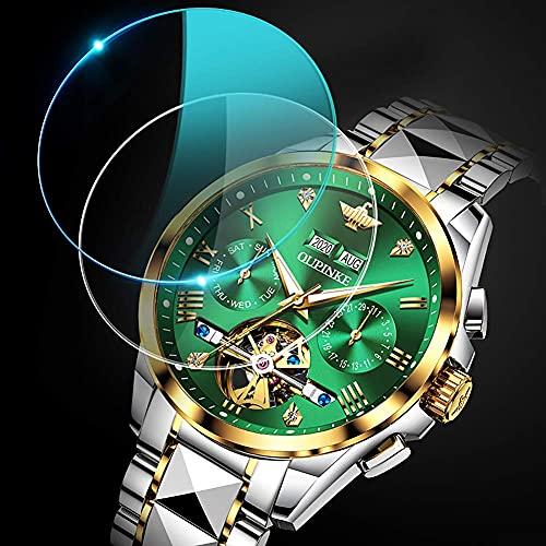Men's Automatic Watch with Green Dial, Popular Skeleton Design, Sapphire and Tungsten Steel, Waterproof, Date Display, Luminous Green