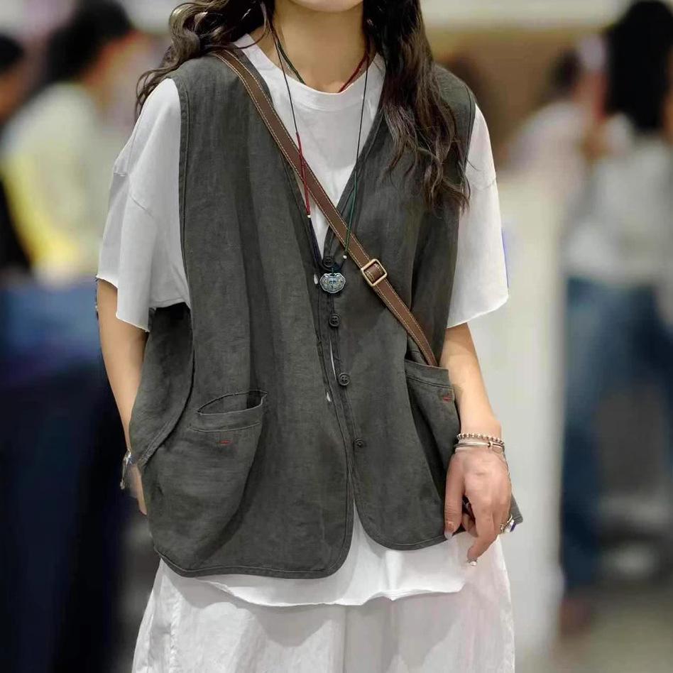 Однотонный льняной жилет с V-образным вырезом в стиле ретро, литературный, универсальный, повседневный, без рукавов, жилет, топ для женщин
