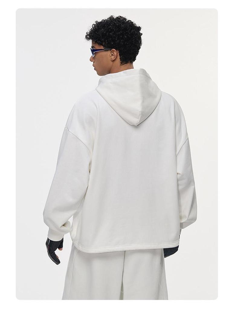 DE Men's Moleskin Twill Hoodie: Boxy Short Wide 420G Sweatshirt with Adjustable Hem Drawstring, American Style