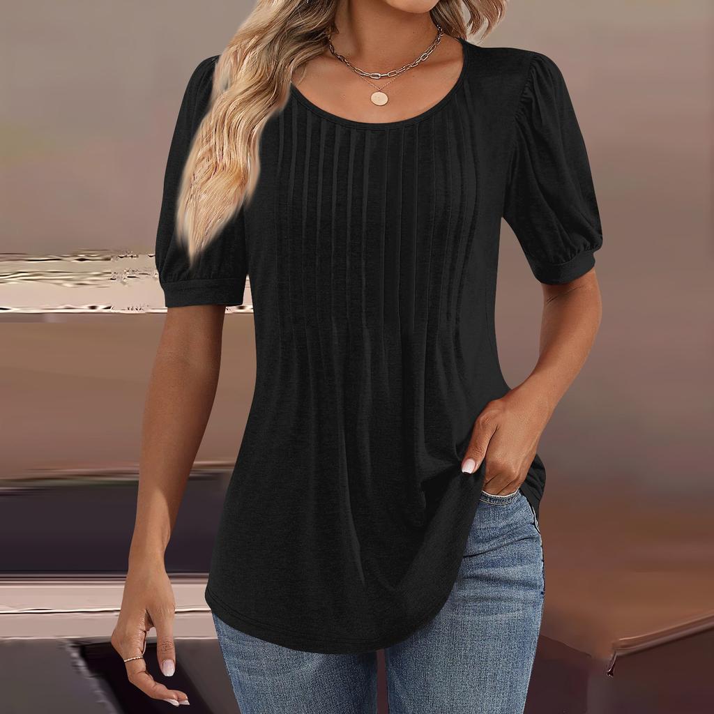 Женские пышные туники с короткими рукавами, топы, плиссированные блузки с воротником, повседневные свободные весенне-летние футболки