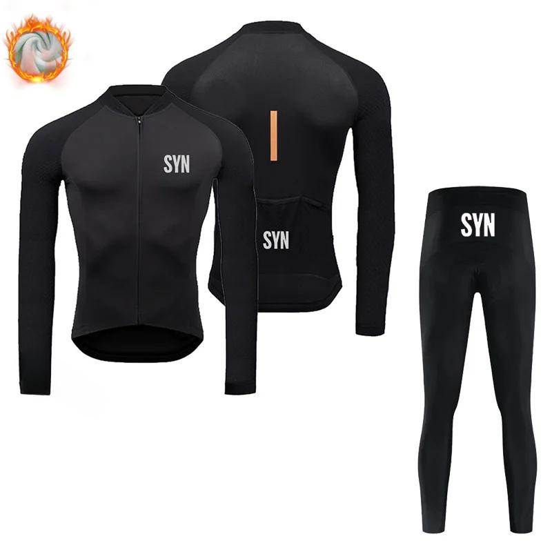 BIEHLER-Thermal Fleece Cycling Clothing Long Sleeves Warm Jersey Set Windproof Sportswear MTB Road Bike Winter