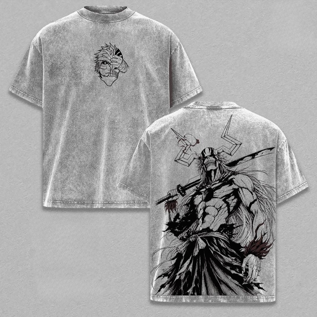 Kurosaki Ichigo Printed T-shirt Manga BLEACH Vintage Washed T Shirt Men Women Clothing Summer Harajuku Polyester Tees Clothes