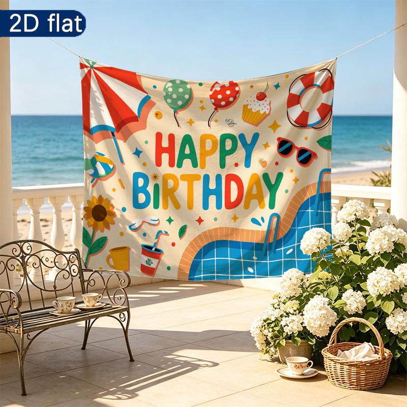 Pastel Pink Roses Balloons Birthday Banner, Cake Gift Box Polyester Wall Decor for Party