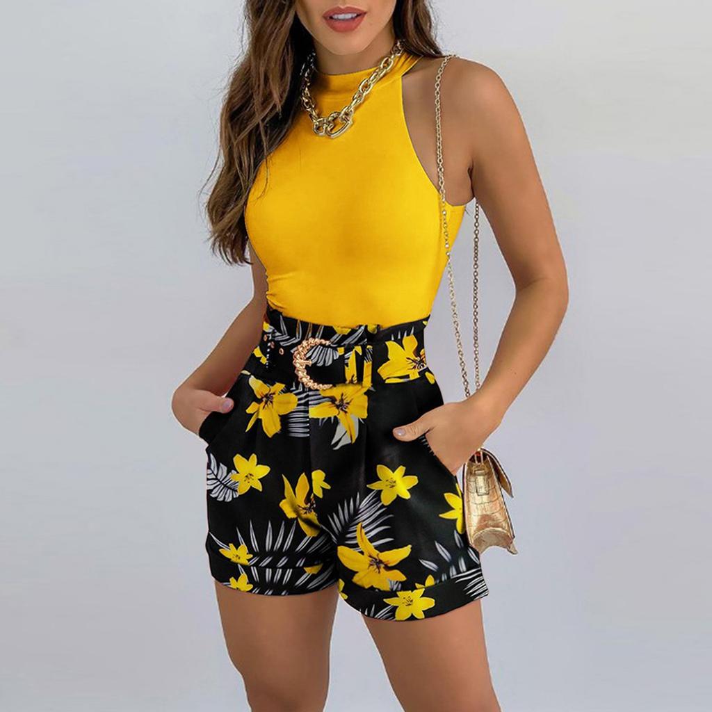 Жилет без рукавов, повседневный костюм с шортами, женский топ без рукавов с круглым вырезом, шорты, комплект для женщин с поясом