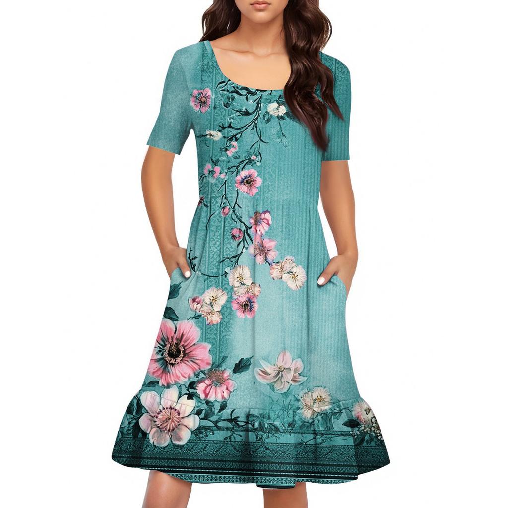 Женское повседневное платье с круглым вырезом и короткими рукавами. Платье со свободной талией и складками. Платье с складками на талии.