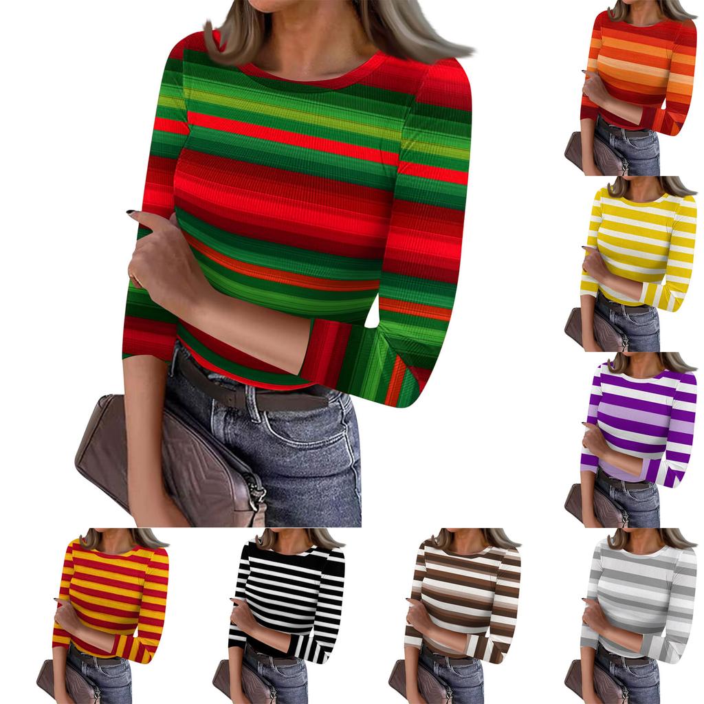 Женский повседневный модный топ в полоску с круглым вырезом и рукавами три четверти, в рубчик