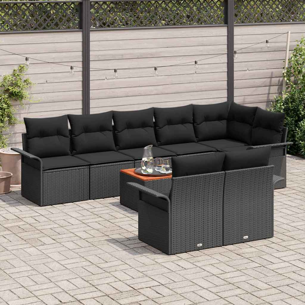 9 Piece Garden Sofa Set with Cushions Black Poly Rattan