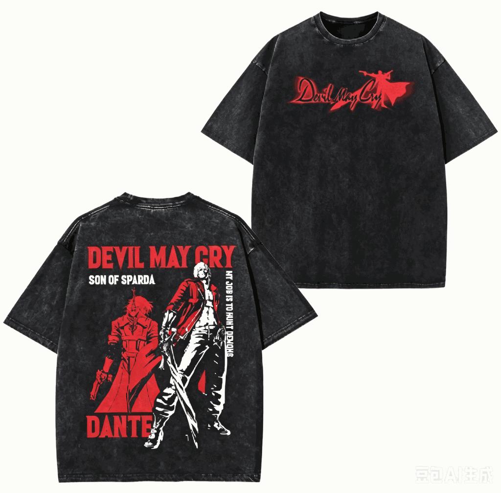 Футболка Devil May Cry с эффектом потертости для любителя аниме Харадзюку Новая модель Оверсайз Винтажная Свободная Уличная одежда Унисекс Высокое качество Подарок для пары