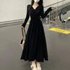 French Style Fashion Dresses Sping New Women Solid V-Neck Pleated Temperament Long Sleeve Slim Mid-length A-line Corset Dress