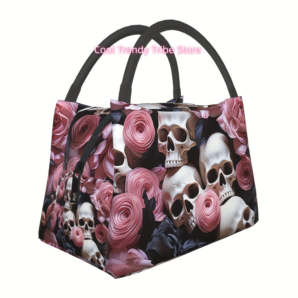 1pc skull, rose, portable reusable refrigerated bag, insulated bag, insulated lunch bag, for camping, picnics, beach,