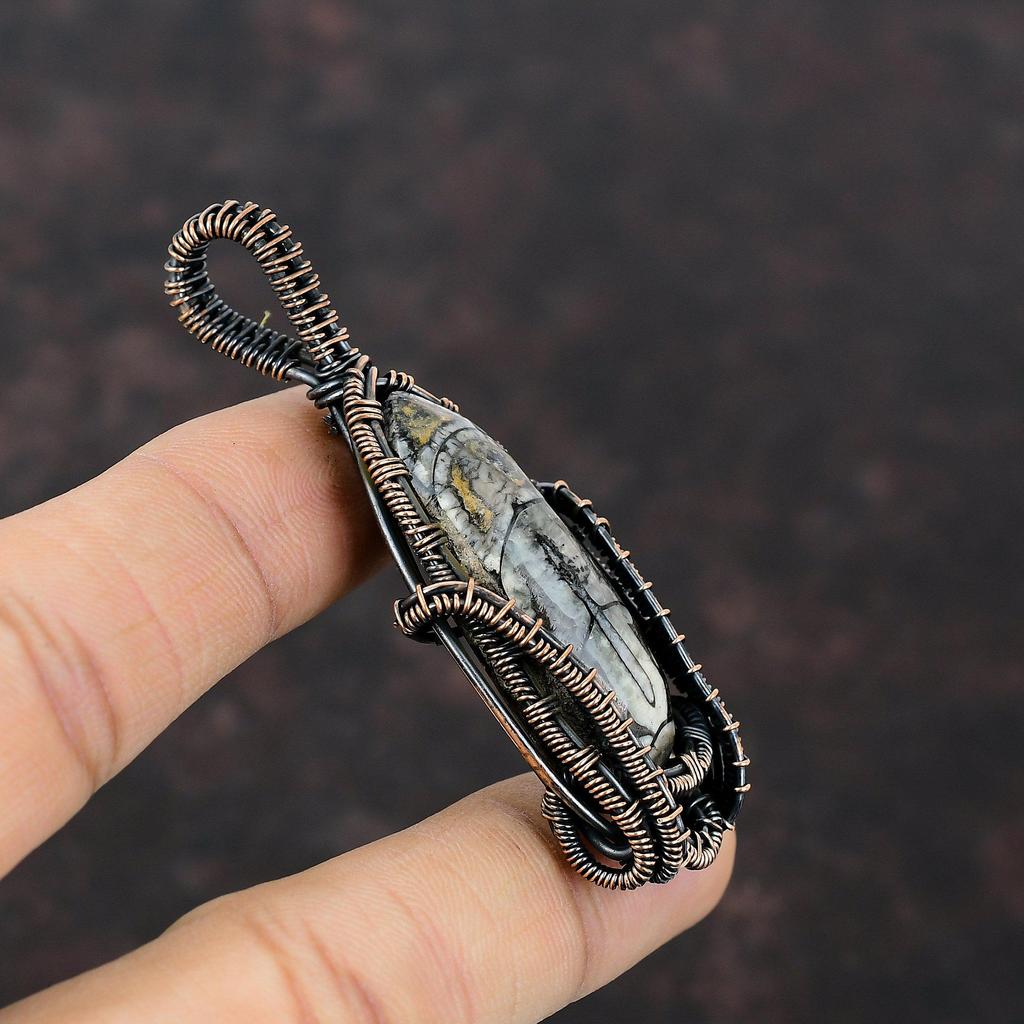 Подвеска Orthoceras Fossil, медная проволочная обертка, ювелирные изделия Orthoceras Fossil, подвеска ручной работы из драгоценных камней, уникальные медные ювелирные изделия, подарок для нее