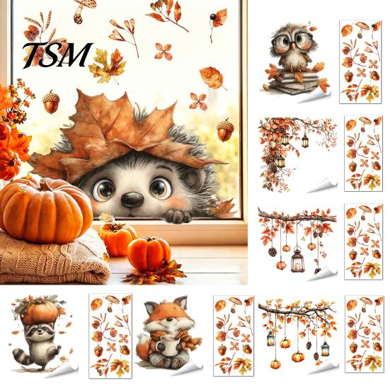 Autumn Pastoral Theme Window Art Static Sticker with Cute Animals & Maple Leaves, Removable Harvest Decals of Forest Festival Clings, Waterproof