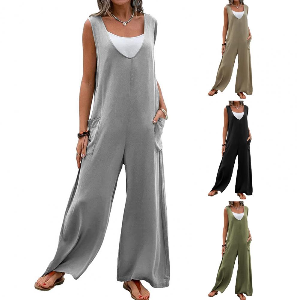 Summer Women Jumpsuit V Neck Wide Leg Deep Crotch Sleeveless Loose Solid Color Side Pockets Pullover Casual Daily Wear Full Leng