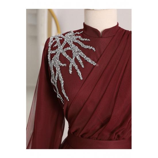 Женское вечернее платье из тюля в стиле хиджаб с драпировкой и поясом