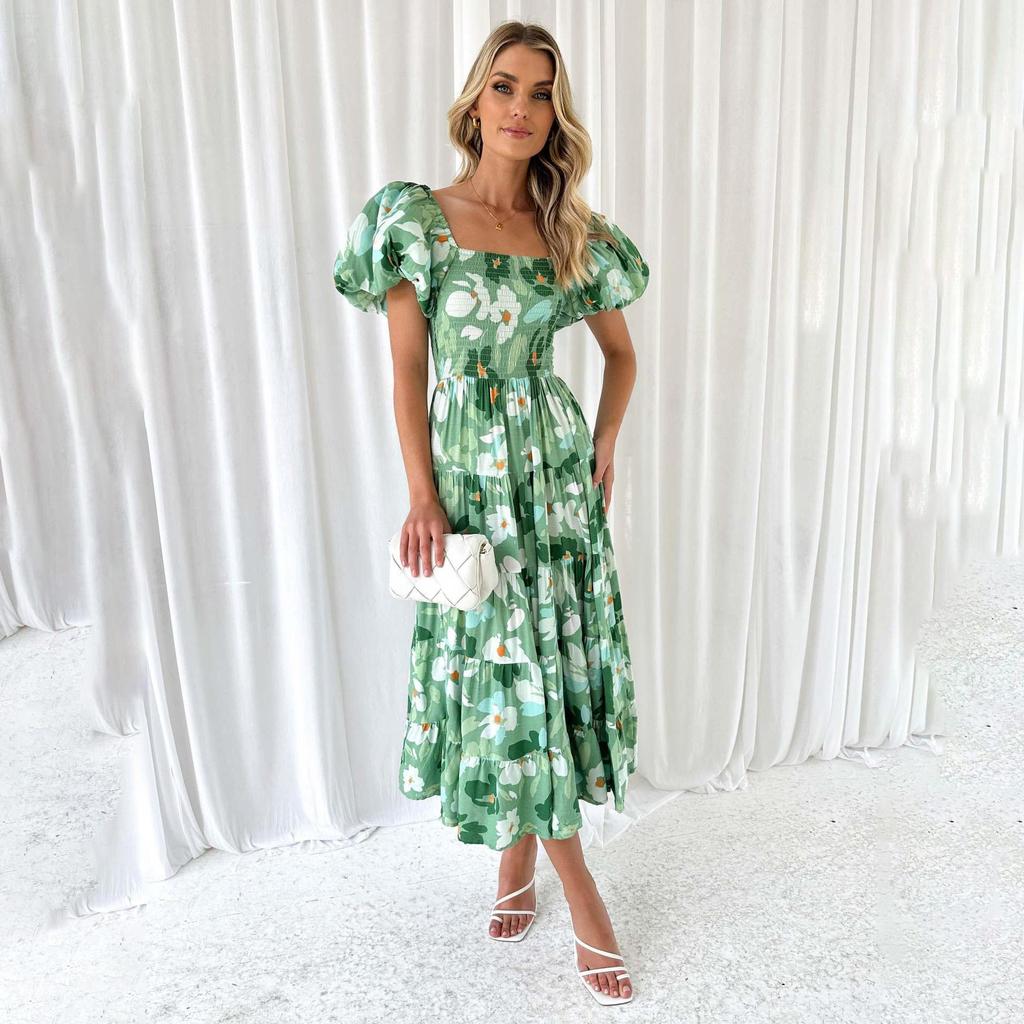 Летнее женское модное плиссированное платье без бретелек длиной до щиколотки с коротким рукавом и принтом