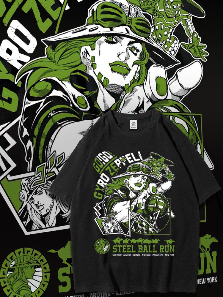 Jojo's Bizarre Adventure Steel Ball Run 2026 Лето Унисекс Черная Футболка Спереди Графика Гиро Зеппели Аниме Уличная Одежда