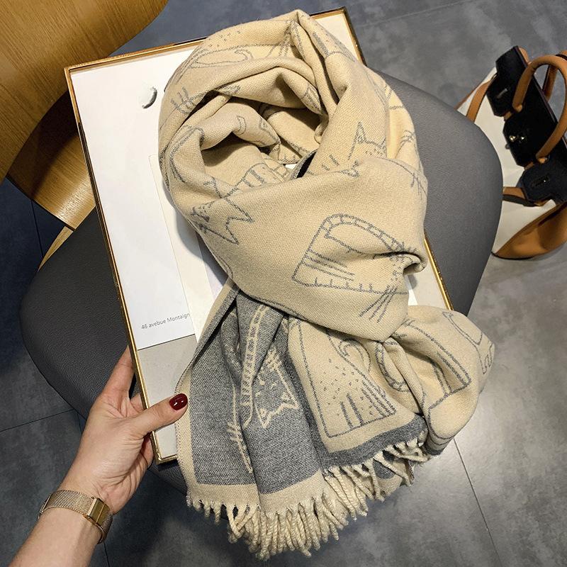 Cute Cartoon Cat Jacquard Scarf Imitation Cashmere Soft Warm Fringe Shawl Autumn Winter Coldproof Windproof Neck Scarf