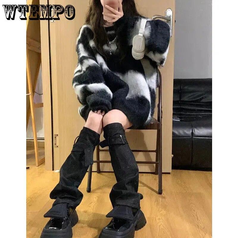 Gothic Women's Sweater Mohair Black and White Mosaic Knitted Pullover Loose and Soft Jumper High Street Autumn Winter Casual Top