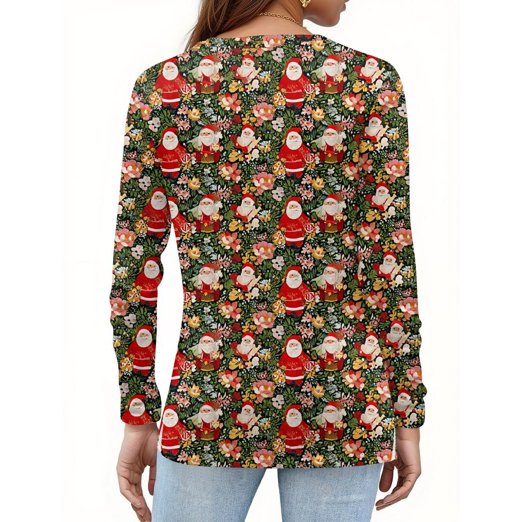 Женская мода повседневный топ с разрезом по низу и рождественским принтом с круглым вырезом и длинными рукавами