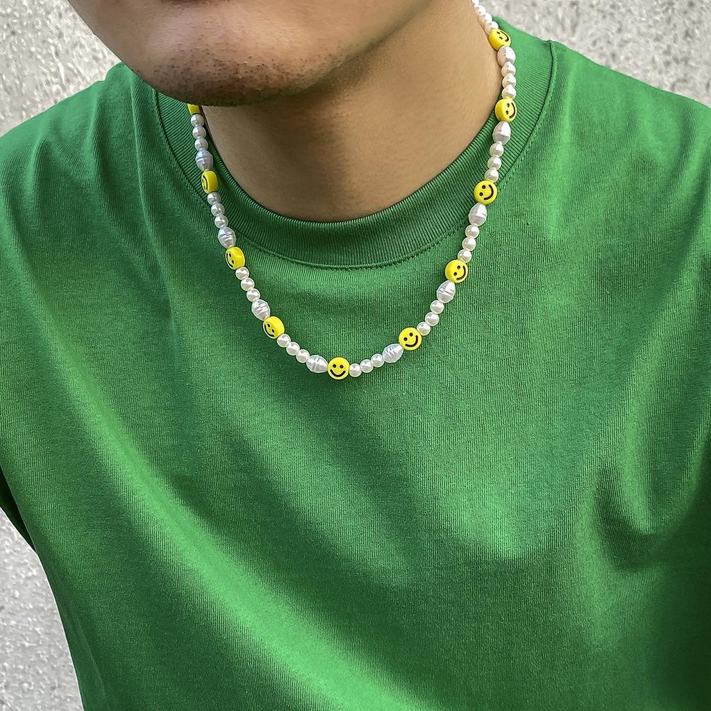 Винтажное ожерелье с имитацией жемчуга и смайликом для мужчин и женщин, панк, готика, хип-хоп, цепочка из циркониевых бусин, модные шейные аксессуары, подарок