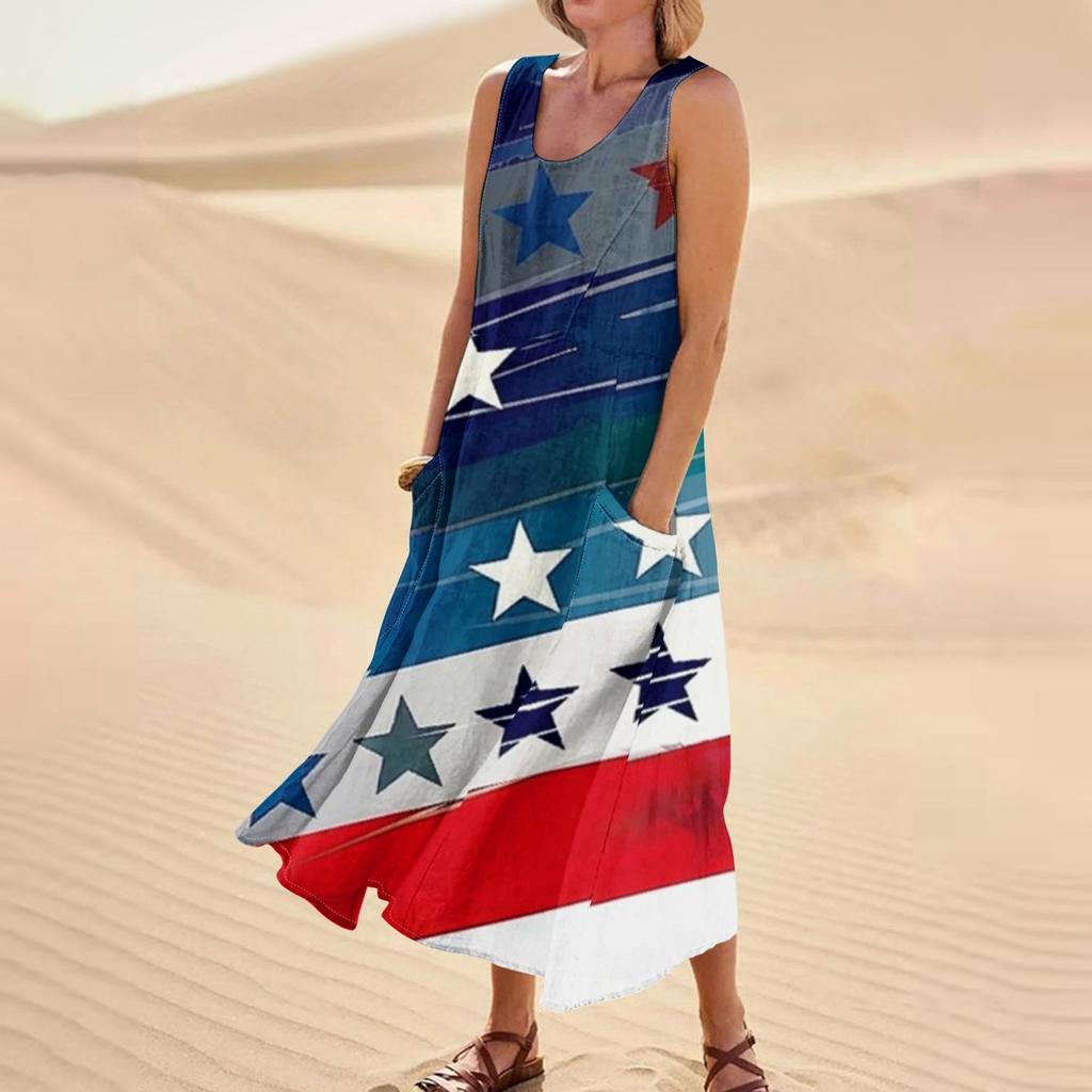 Женское модное повседневное хлопковое льняное платье без рукавов с принтом и карманами