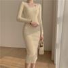 Fall Winter Cross Square Collar Sweater Dresses Women Long Sleeve Bodycon Slim Bottoming Office Party Knitted Dress
