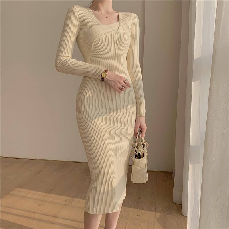Fall Winter Cross Square Collar Sweater Dresses Women Long Sleeve Bodycon Slim Bottoming Office Party Knitted Dress