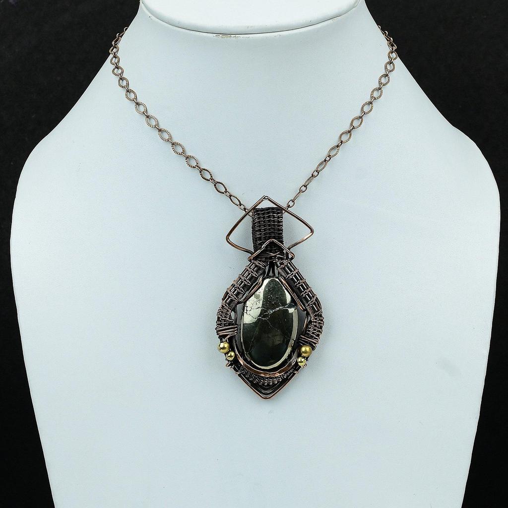 Пиритовый кулон, обернутый медной проволокой, кулон ручной работы, обернутый медной проволокой, ювелирные изделия высокого качества, кулон из драгоценного камня, пирит, ювелирные изделия для подарка