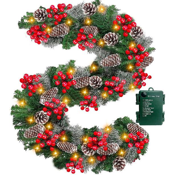 Timer 8 Mode - 9Ft by 10 Inch Prelit Christmas Garland with 50 Warm Lights,Thick 270 Snowy Tips 70 Red Berry 10 Pinecone Battery Operated Real Touch