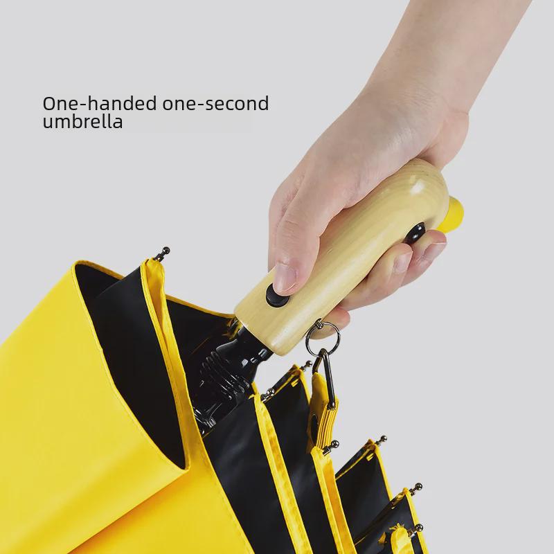 Мультяшный зонт «Утка»: Полуавтоматический, многоцветный, черный пластик, деревянная ручка, симпатичный дизайн в виде желтой утки