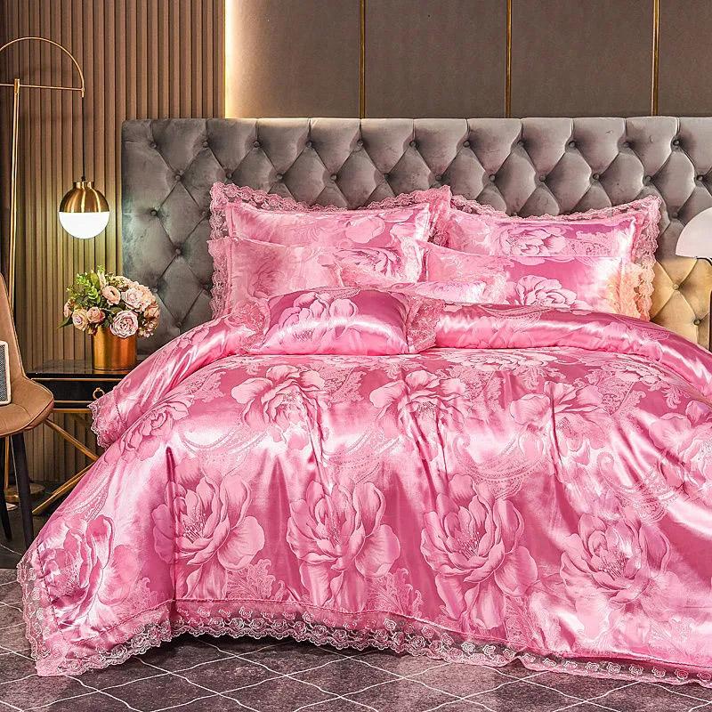 Роскошные европейские жаккардовые комплекты постельного белья с кружевными краями, пододеяльник, сплошной цвет, простыня, свадебное красное постельное белье, домашний текстиль, комплект из четырех предметов