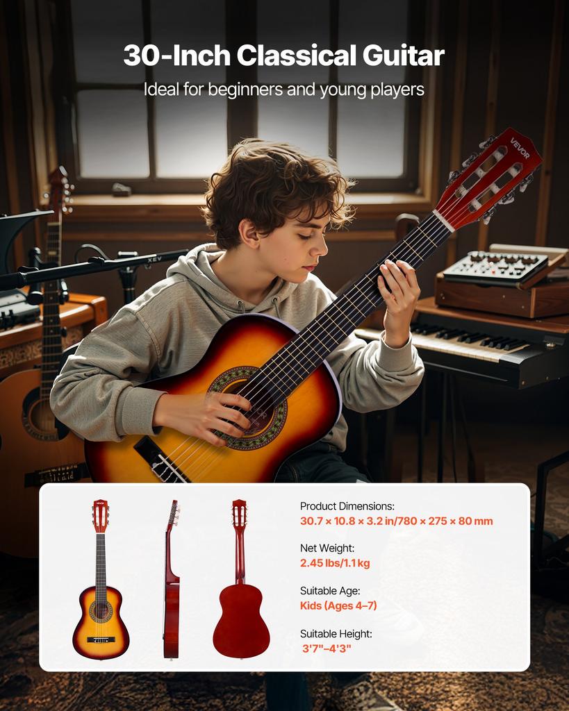 VEVOR Classical Guitar, 780 mm, Wood Classical Guitar Starter Kit for Beginners, with Nylon Strings, Gig Bag, Strap, Tuner, Extra Strings, Picks