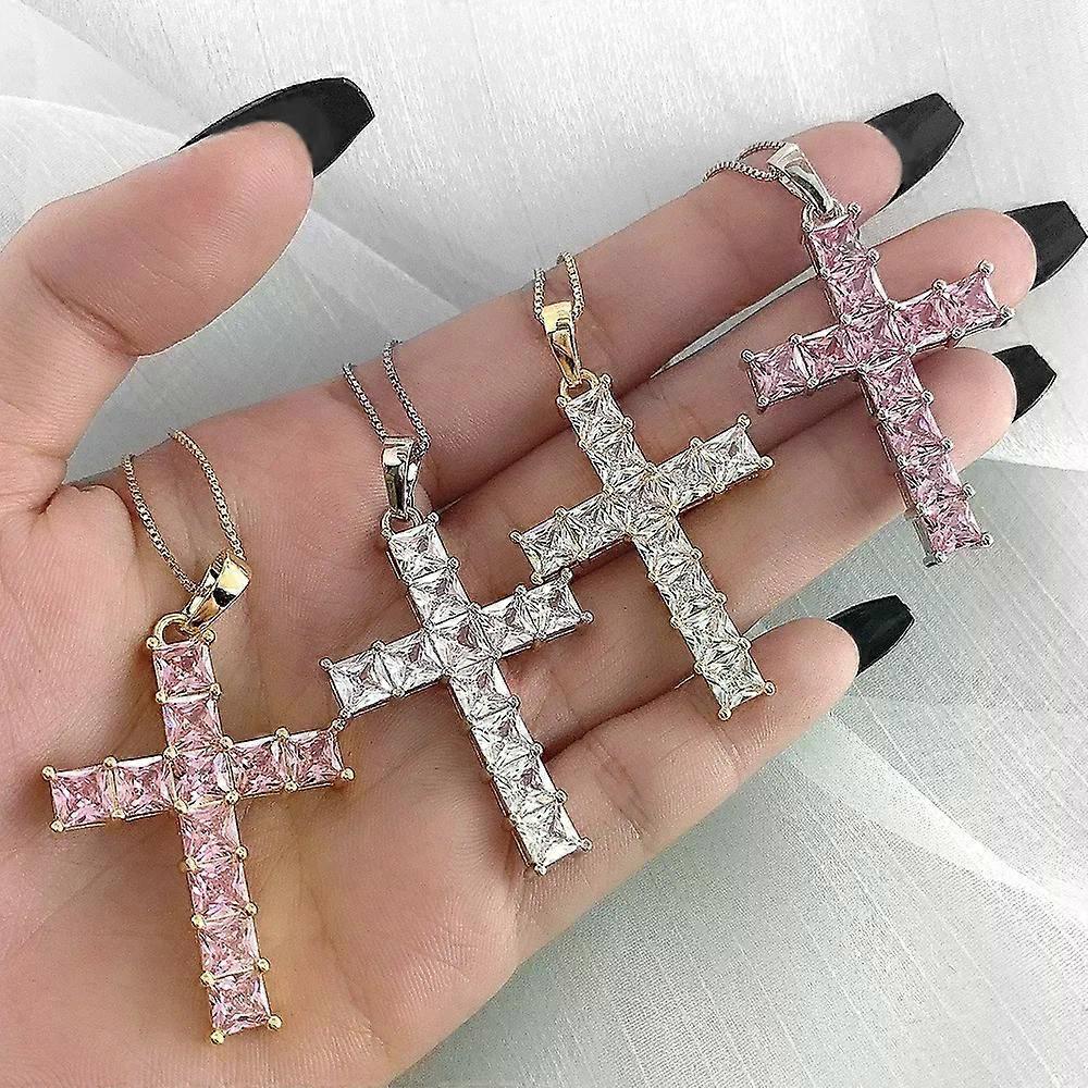 Shiny Square Zircon Cross Pendant Necklaces for Women Fashion Hip Hop Punk Rhinestone Chain Collar Party Jewelry