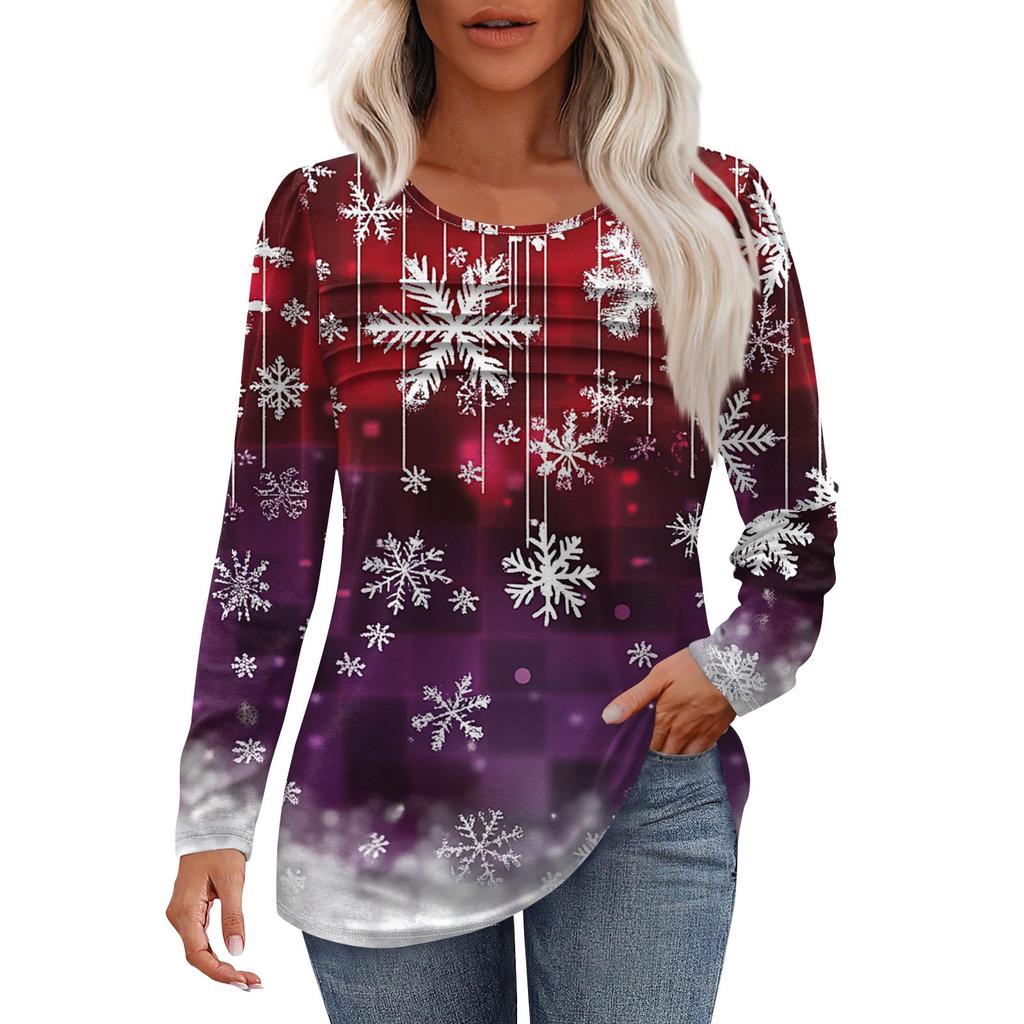 Women's Fashion Casual Christmas Printed Round Neck Pleated Long Sleeve T-Shirt Top