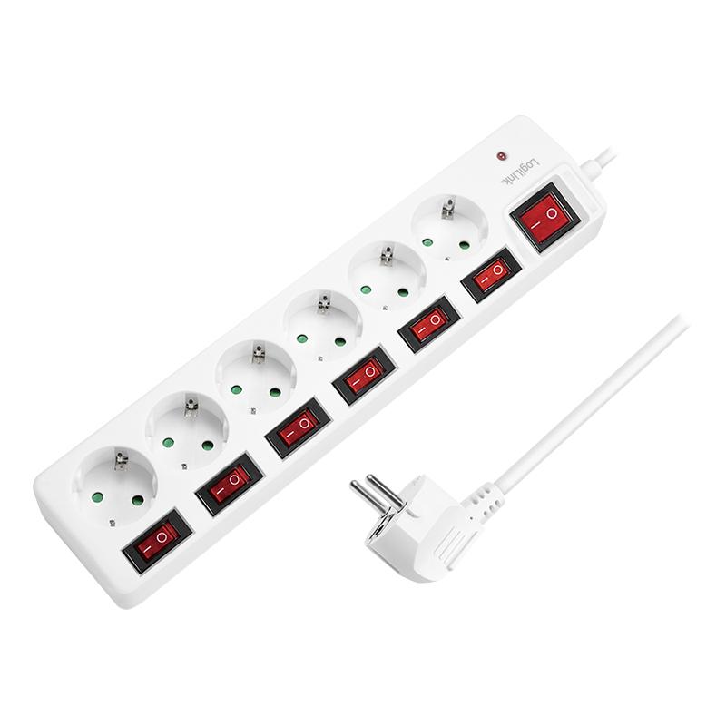 LogiLink 6-socket power strip, 1.5m, 7 switches, surge protector