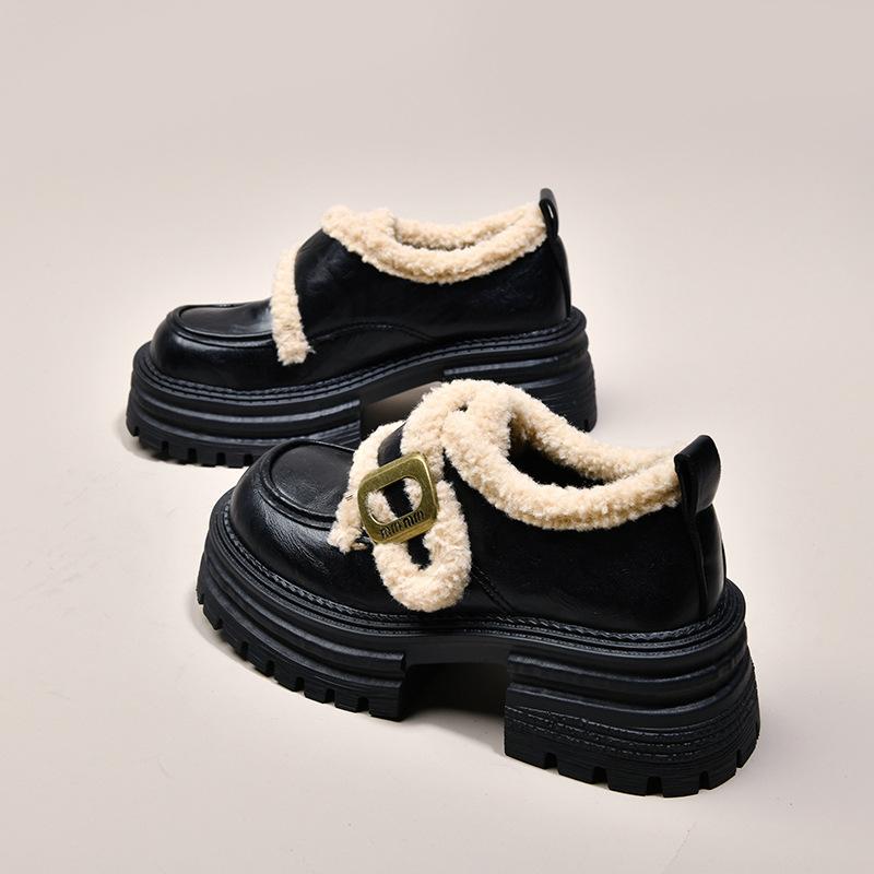 Бархатные лоферы в британском стиле, хлопковая обувь для женщин, новинка осени и зимы 2025 года, на толстой подошве, на толстом каблуке, ретро, пушистые туфли Мэри Джейн, маленькие кожаные туфли