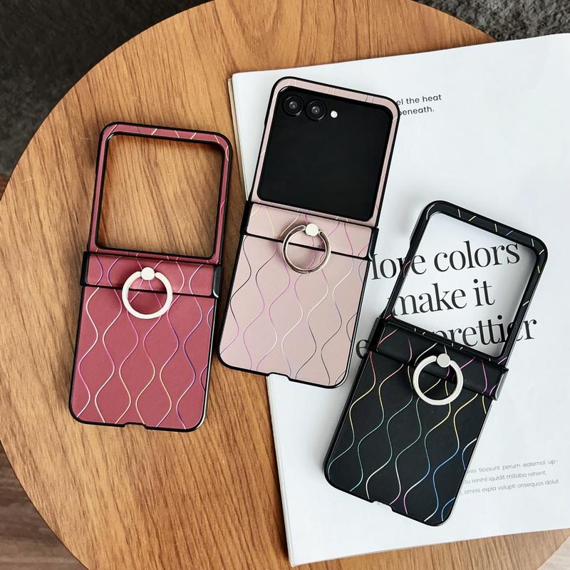 Luxury Leather Ring Holder Phone Case For Motorola Razr 60 50S 50 Ultra 40 Ultra Gradient Stripe Shockproof Hard PC Slim 3pcs Folding Cover