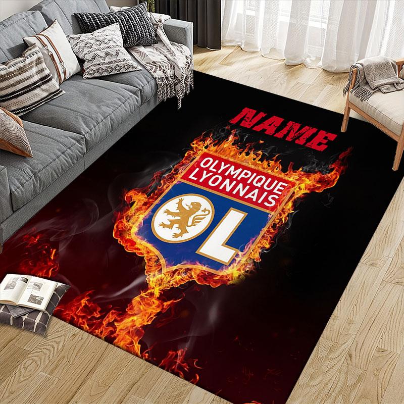 Custom Name,Olympique Lyonnais Home Sofa Decoration for Living Room & Bedroom, Non‑Slip Play Flannel Floor Mat for Game Room