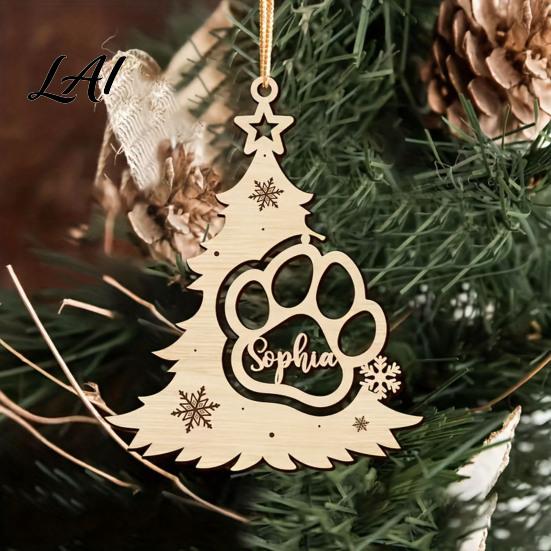 Creative Wooden Pet Pendants Wood Christmas Tree Pendant with Paw Print Hollow Engraved Hanging Handmade Decorations for Ornament Rustic Style Craft