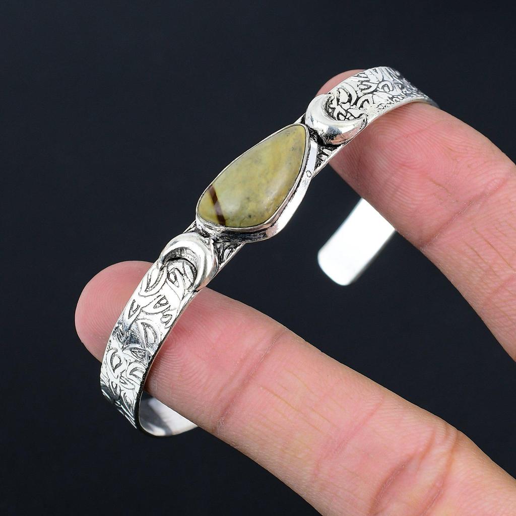 925 Silver Natural Polychrome Jasper Bangle Crescent Moon Adjustable