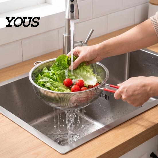Многоцелевой кухонный гаджет, Корзина для мытья риса из нержавеющей стали, Красная ручка, Мелкое сито-дуршлаг, Легко моющееся, Теплоизолирующее для