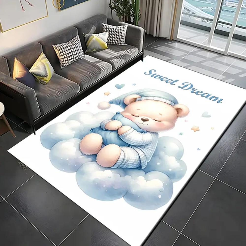 Cute Bear Print Area Rug Flannel Washable Floor Mat for Kids Bedroom Nursery Living Room Cartoon Cloud Star Theme Home Decor