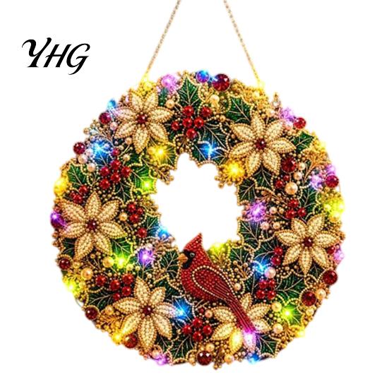 Sparkling Gemstone Art Project DIY Acrylic Christmas Faux Pearl Hanging Kit, Lighted Wreath 3D Beaded Craft Bead Mosaic Kit with LED String