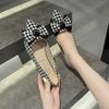 2024 New Pointy Flat Single Shoes Women Plaid with Bow Temperament Shallow Mouth Soft Sole Fairy Shoes